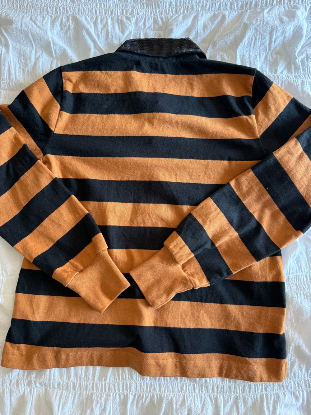 J. Crew Women’s Black and Orange Striped Rugby Polo with Sequin Collar Size M - Picture 3 of 10